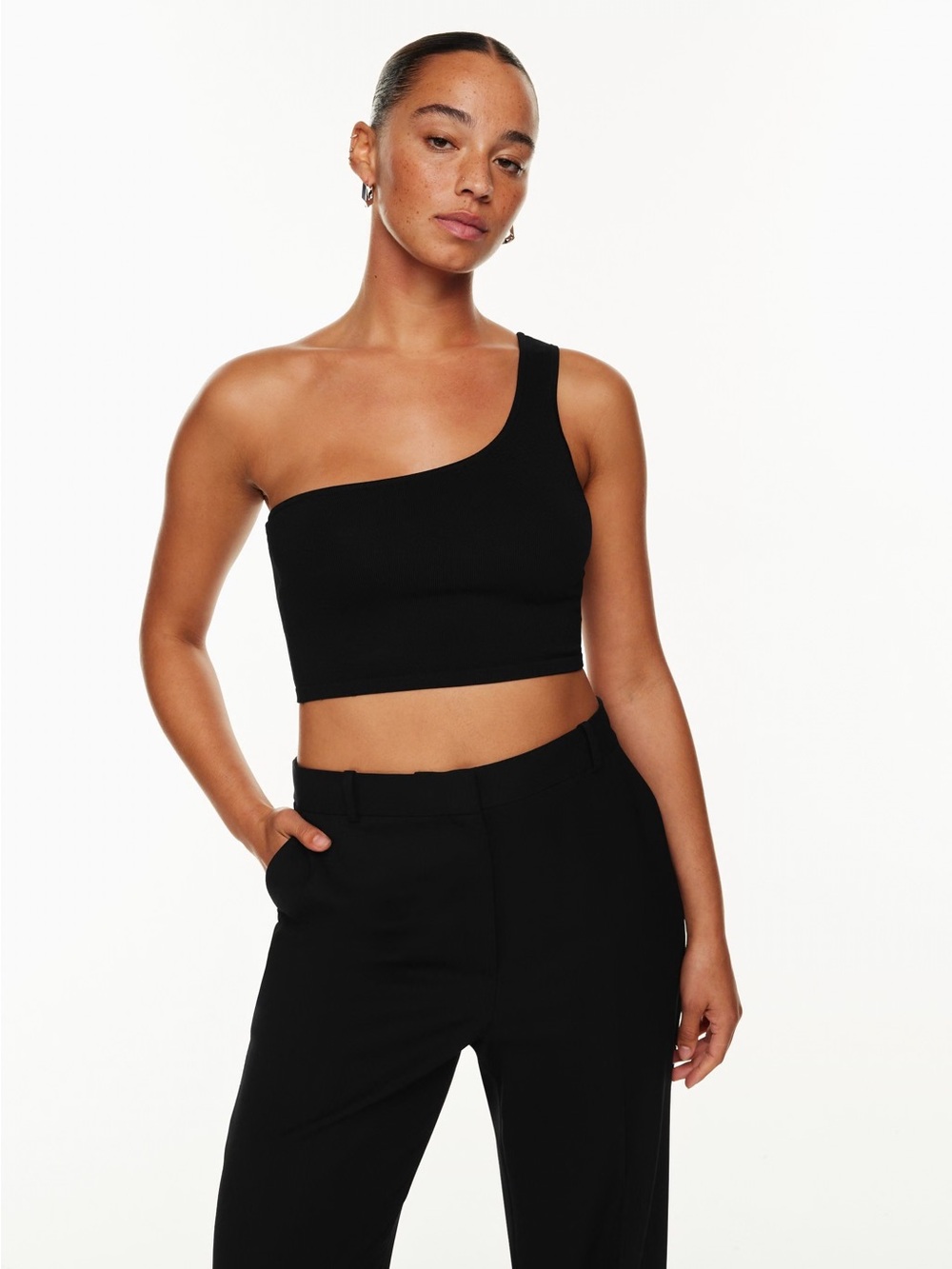 Aritzia Babaton Sculpt Knit Black One-Shoulder Ribbed Crop Top Small